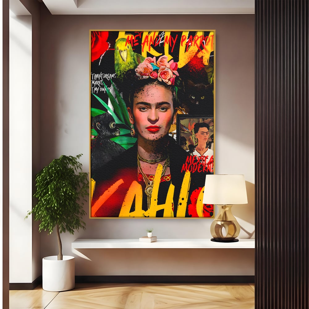 Tablou canvas cu tablou canvas portret frida kahlo, in rama de aluminiu auriu